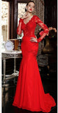 V-Neck Red Long Sleeve Beading Evening Dress Popular Chiffon Lace Sweep Train Prom Dress