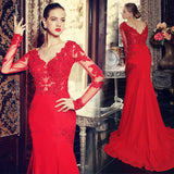 V-Neck Red Long Sleeve Beading Evening Dress Popular Chiffon Lace Sweep Train Prom Dress