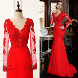 V-Neck Red Long Sleeve Beading Evening Dress Popular Chiffon Lace Sweep Train Prom Dress