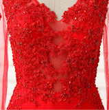 V-Neck Red Long Sleeve Beading Evening Dress Popular Chiffon Lace Sweep Train Prom Dress