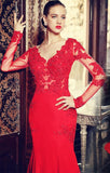 V-Neck Red Long Sleeve Beading Evening Dress Popular Chiffon Lace Sweep Train Prom Dress