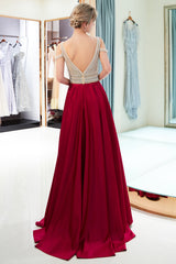 V-Neck Sleeveless Red Evening Dresses | Sexy Crystal Open Back Prom Dress
