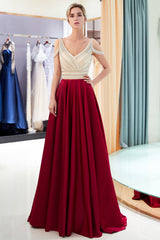 V-Neck Sleeveless Red Evening Dresses | Sexy Crystal Open Back Prom Dress