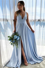 V-neck A-line Ruffles Baby Blue Long Bridesmaid Dresses Sexy with Ruffles