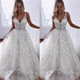 V-neck Appliques Sleeveless A-line Floor-Length Glamorous Wedding Dresses