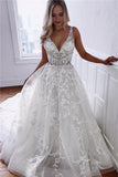 V-neck Appliques Sleeveless A-line Floor-Length Glamorous Wedding Dresses