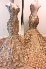 V-neck Backless Sexy Gold Prom Dress Online | Mermaid Appliques Floral Prom Dress with Long Train Bc1609