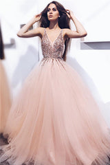 V-neck Beads Sequins Coral Prom Dresses | Sleeveless Puffy Tulle Sexy Evening Gowns