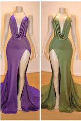 V-neck Dropped Formal Evening DressesSleeveless Side Slit Prom Dresses