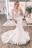 V-neck Lace Appliques Wedding Dresses | Short Sleeve Mermaid Bridal Gowns