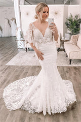 V-neck Lace Appliques Wedding Dresses | Short Sleeve Mermaid Bridal Gowns