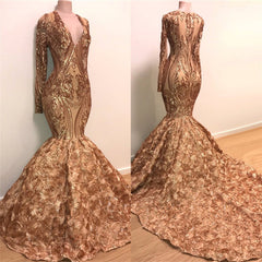 V-neck Long Sleeve Gold Sparkle Appliques Prom Dress | Mermaid Flowers Real Prom Dress on Mannequins BC1373