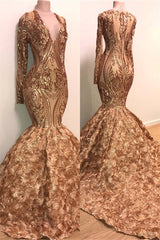 V-neck Long Sleeve Gold Sparkle Appliques Prom Dress | Mermaid Flowers Real Prom Dress on Mannequins BC1373