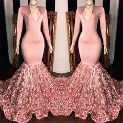 V-neck Long Sleeve Pink Floral Prom Dresses on Mannequins | Mermaid Evening Gowns BC1341