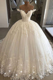 V-neck Off-the-shouder Luxury Applique Ball-gown Beading Wedding Dress