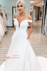 V-neck Off-the-shoulder Graceful A-line Wedding Dress With-belt