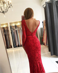 V-neck Open Back Red Lace Evening Dresses | Long Sleeve Mermaid Sexy Prom Dresses