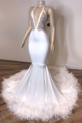 V-neck Sexy Backless White Prom Dresses with Feather | Mermaid Crystals Appliques Evening Gowns