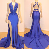 V-neck Sexy Open back Side Slit Prom Dresses | Royal Blue Mermaid Beads Lace Evening Gowns BC1153