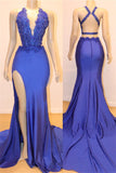 V-neck Sexy Open back Side Slit Prom Dresses | Royal Blue Mermaid Beads Lace Evening Gowns BC1153