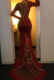 V-neck Side-slit Long-sleeve Red Sexy Sequin Sheath Prom Dress