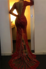 V-neck Side-slit Long-sleeve Red Sexy Sequin Sheath Prom Dress