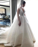 V-neck Sleeveless Full Beads Princess Royal Wedding Dress | Luxury Ball Gown Bridal Dresses