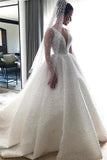 V-neck Sleeveless Full Beads Princess Royal Wedding Dress | Luxury Ball Gown Bridal Dresses