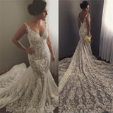 V-neck Sleeveless Mermaid Wedding Dresses Sexy Lace Appliques Bridal Gown WE0196