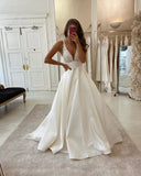 V-neck Spaghetti Straps Lace Bridal Gowns | A-line Sleeveless Elegant Wedding Dresses