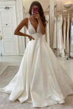 V-neck Spaghetti Straps Lace Bridal Gowns | A-line Sleeveless Elegant Wedding Dresses