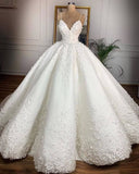 V-neck Spaghetti-straps Appliques Ball Gown Wedding Dresses | Gorgeous Lace Bridal Gowns