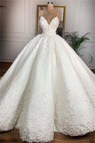 V-neck Spaghetti-straps Appliques Ball Gown Wedding Dresses | Gorgeous Lace Bridal Gowns