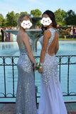 V-neck Sparkly Beaded Prom Gowns Chiffon Open Back Evening Dresses