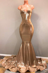 V-neck Straps Open Back Mermaid Sexy Prom Dresses | Champagne Gold Evening Gowns