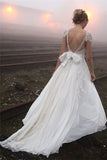 V-neck Summer Outdoor Wedding Dress Lace Cap Sleeve Open Back Bridal Gowns