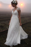 V-neck Summer Outdoor Wedding Dress Lace Cap Sleeve Open Back Bridal Gowns