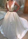 V-neck Sweep Train Bride Dress Newest A-line Sleeveless Beads Wedding Dress