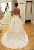 V-neck Sweep Train Bride Dress Newest A-line Sleeveless Beads Wedding Dress