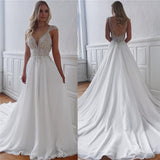 V-neck Sweep-Train Elegant Ivory A-line Appliques Wedding Dresses