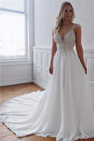 V-neck Sweep-Train Elegant Ivory A-line Appliques Wedding Dresses