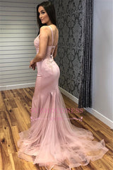 V-neck Tulle Mermaid Evening Dresses | Appliques Sleeveless Prom Dress