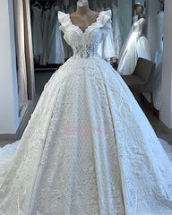 V-neck Wonderful Appliques Ball-Gown Wedding Dresses