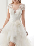 Vintage Asymmetrical A-Line Wedding Dress Jewel Lace Organza Short Sleeve Sexy Bridal Gowns Sweep Train