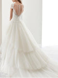 Vintage Asymmetrical A-Line Wedding Dress Jewel Lace Organza Short Sleeve Sexy Bridal Gowns Sweep Train