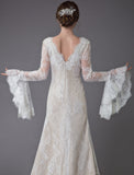 Vintage Deep V Neck Long Sleeves Lace A-Line Wedding Dresses