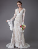 Vintage Deep V Neck Long Sleeves Lace A-Line Wedding Dresses