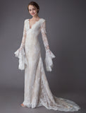 Vintage Deep V Neck Long Sleeves Lace A-Line Wedding Dresses