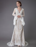 Vintage Deep V Neck Long Sleeves Lace A-Line Wedding Dresses