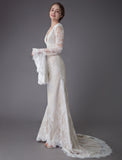 Vintage Deep V Neck Long Sleeves Lace A-Line Wedding Dresses